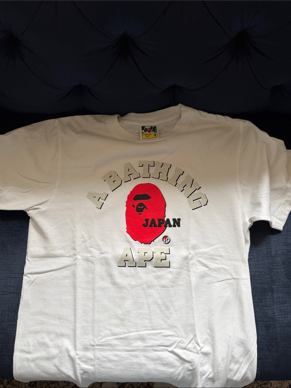Bape White Short Sleeve Tee with Red Ape Head and Japan Text